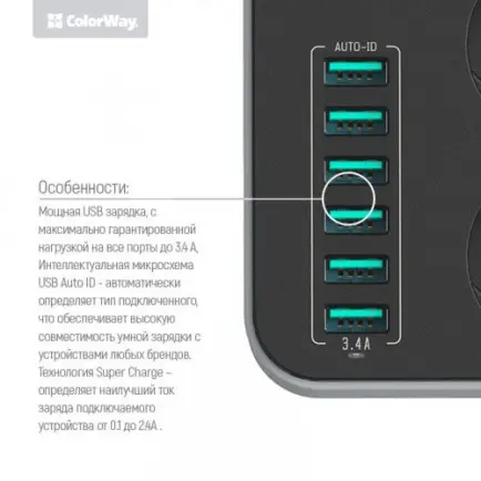 Фильтр питания ColorWay CW-CHE36B 3 розетки, 6 USB, 1.8 м, черный